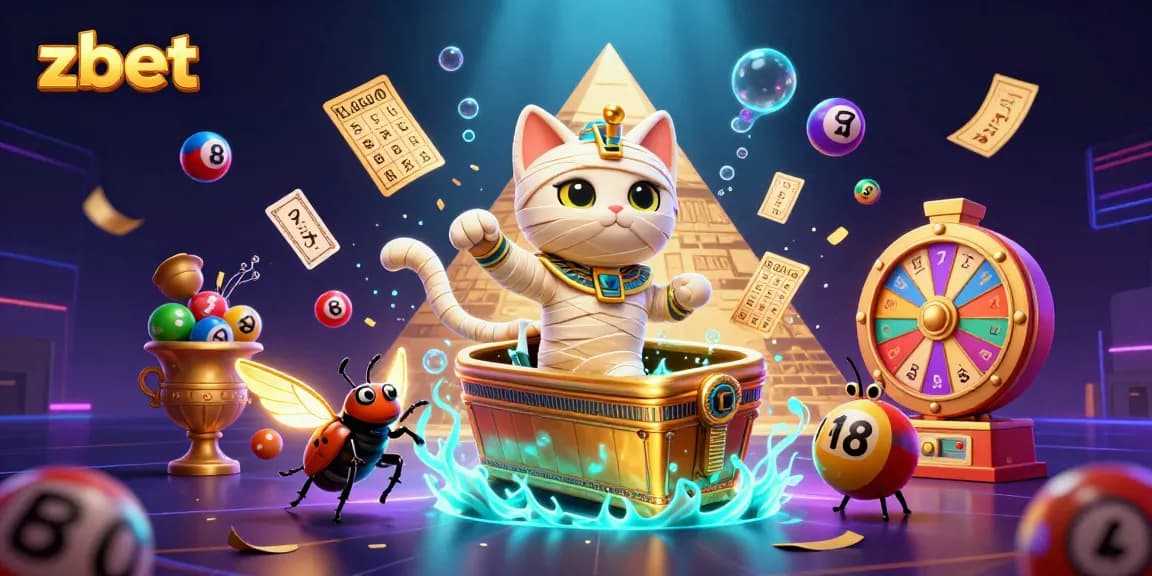 zbet’s vibrant Egyptian mummy cat bursting from a sarcophagus in a lottery extravaganza scene