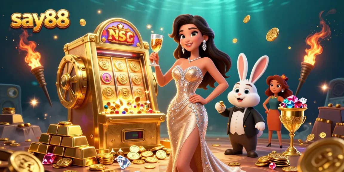 Experience excitement with say88 as a glamorous woman toasts beside a jackpot slot machine.