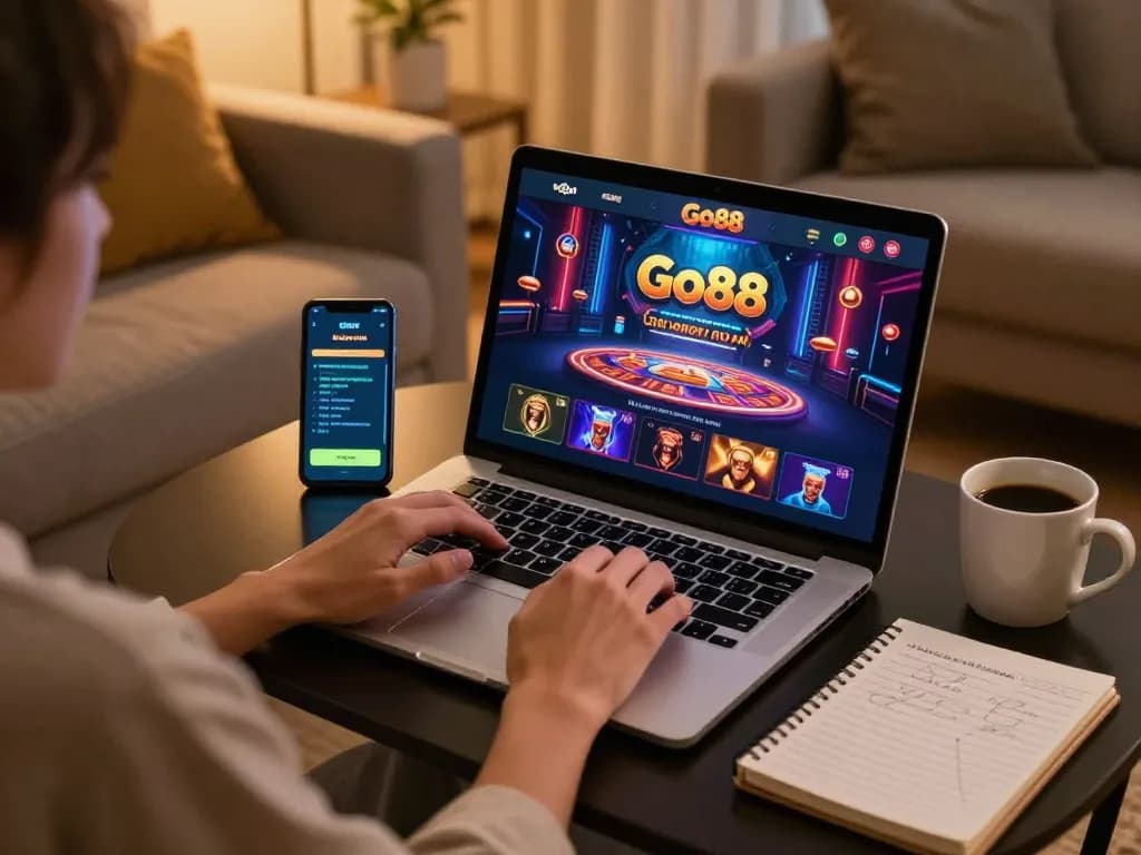 Engaging online gaming experience at Go88 with a focused player using laptop and smartphone for betting.