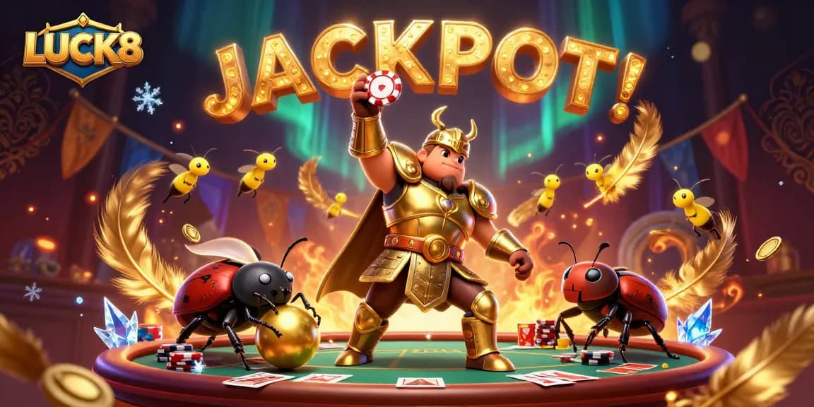 LUCK8 | Celebrate your wins with this dynamic, vibrant 3D casino illustration featuring exciting gambling elements.