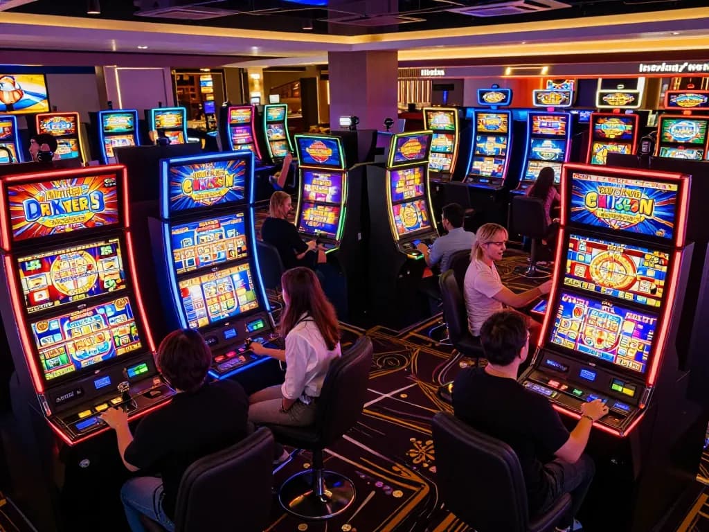 Players enjoying vibrant slot machines at rik88 ac casino, celebrating wins and engaging in thrilling gameplay