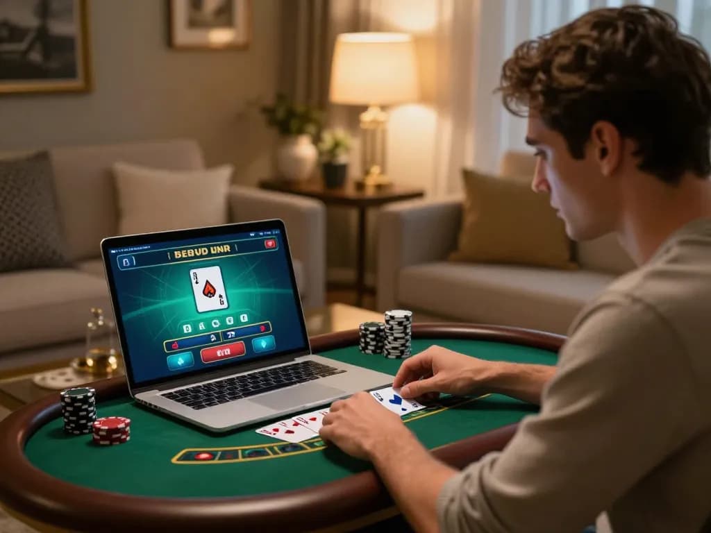 LC88 player strategizing a blackjack game on a laptop in a cozy home setting.