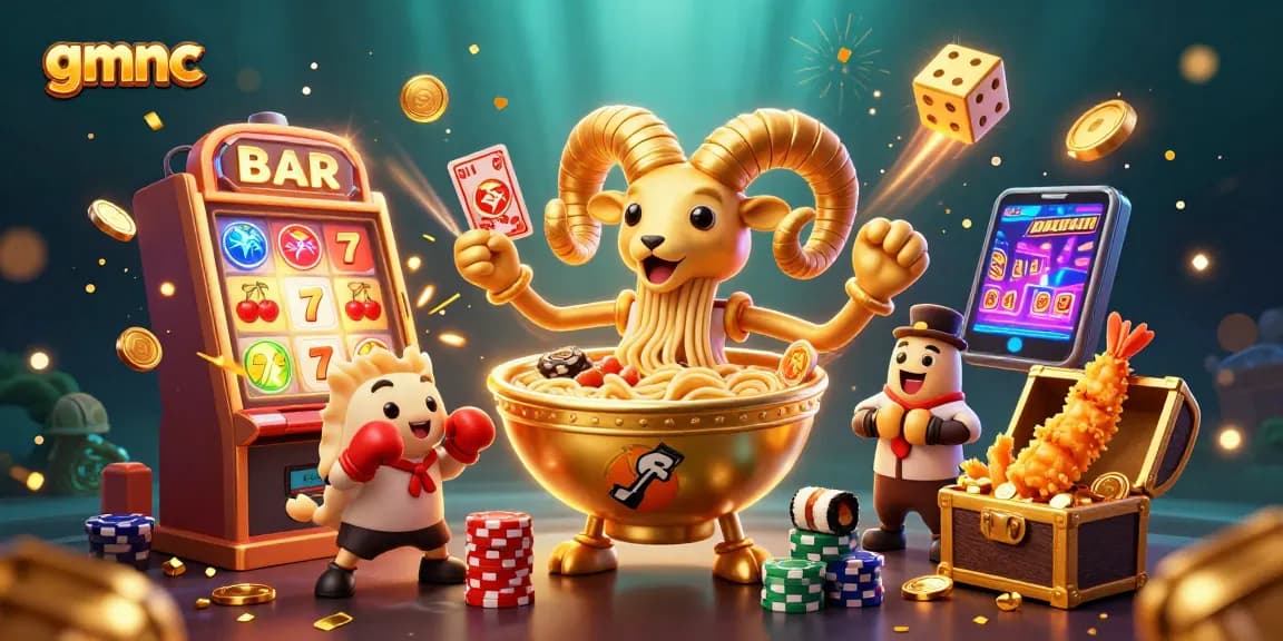 Experience the excitement of gmnc with a vibrant illustration of animated casino characters and jackpot elements.