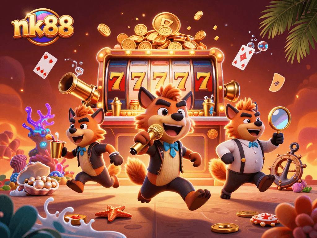 nk88 showcases a vibrant casino scene with hyenas, slot reels, and comedy elements.