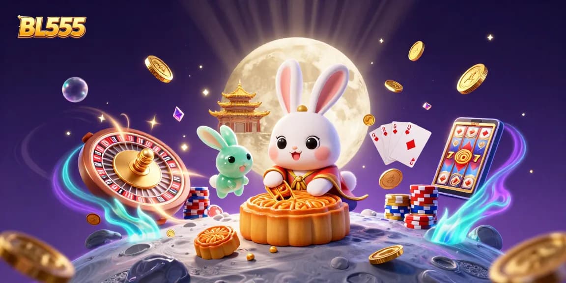 Experience thrilling games at BL555 with an engaging moon rabbit scene amidst shimmering rewards and casino elements.