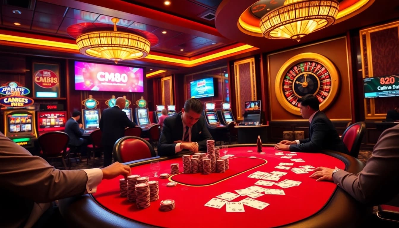 Excited gamblers strategizing at a CM88 poker table in a rich casino setting.