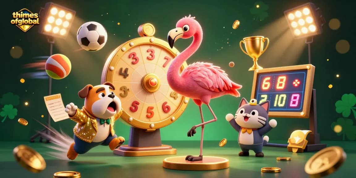 Thetimesofglobal highlights a thrilling casino scene with a flamingo host, bulldog contestant, and scoreboard cat assistant.