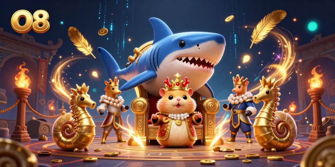 Experience the thrill of winnings at O8 with a dynamic gaming scene featuring seahorse guards and golden treasures.