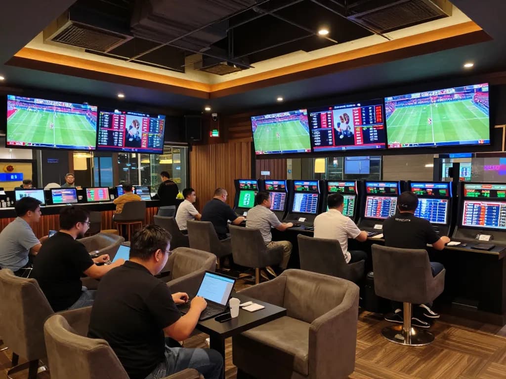 Bettors enjoying sports events on o8 com while analyzing stats in a vibrant lounge