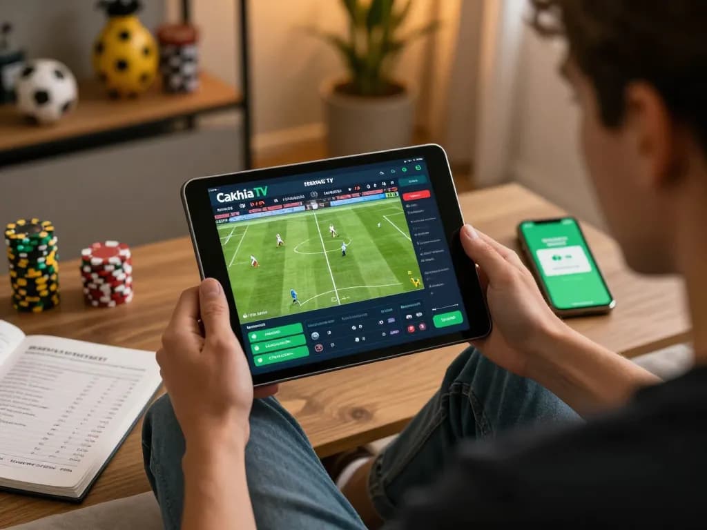 Engaging sports betting scene on CakhiaTV with live match display on tablet.
