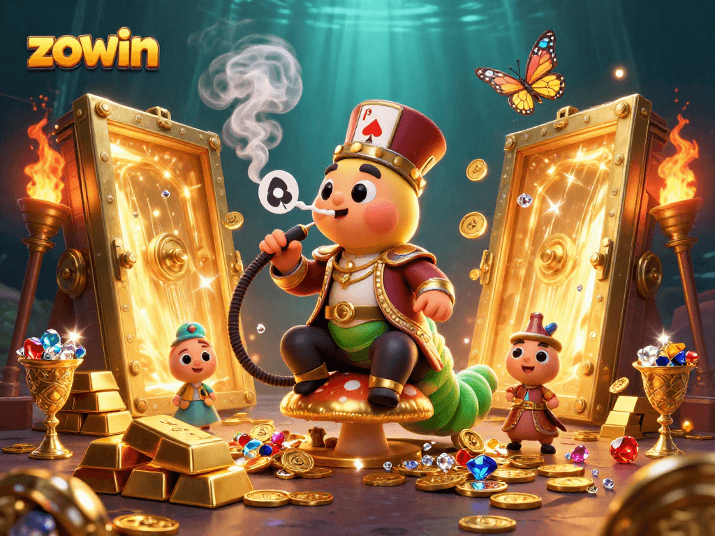 Experience the vibrant gaming world of zowin with a dazzling illustration of casino treasures and characters.