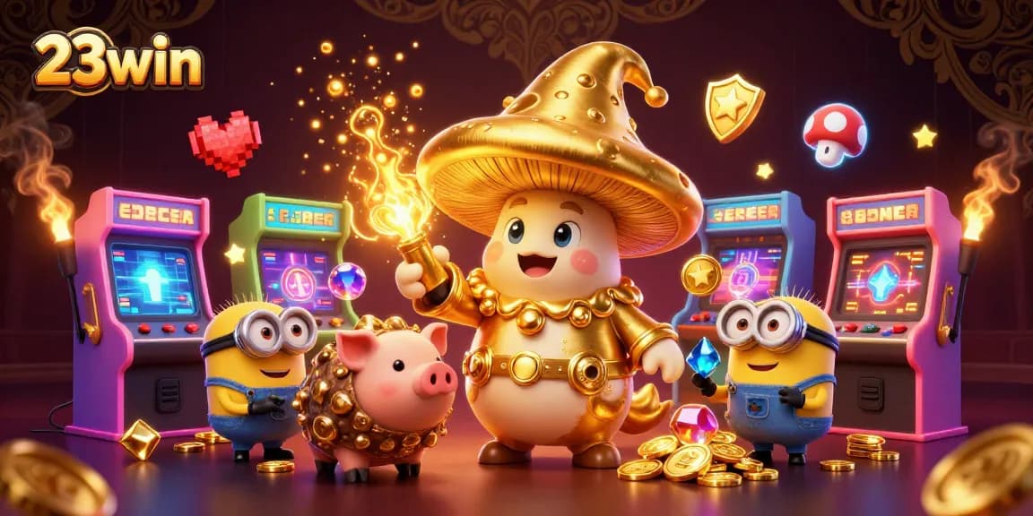 Experience 23win's magical gaming realm with golden treasures and vibrant arcades!