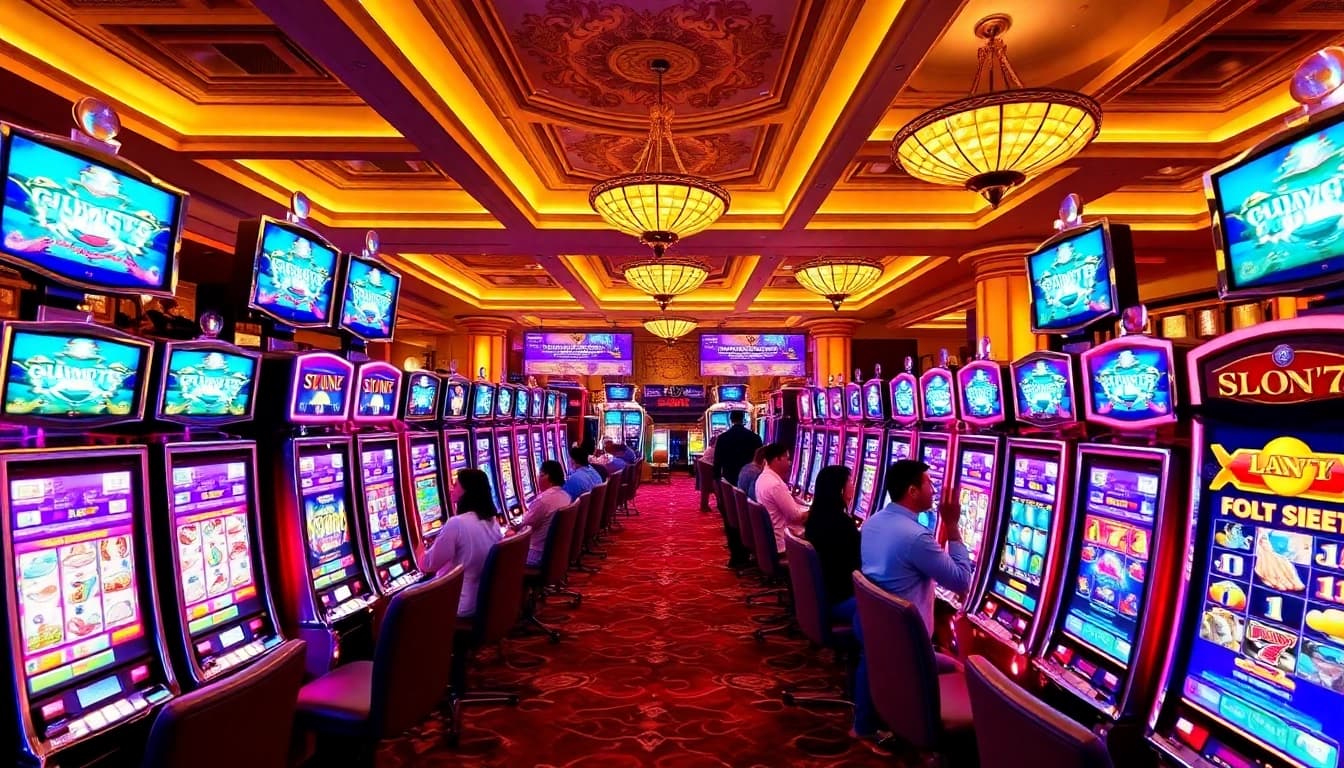 Winning at slot777: Excited players celebrate their victories at vibrant slot machines in a luxurious casino.