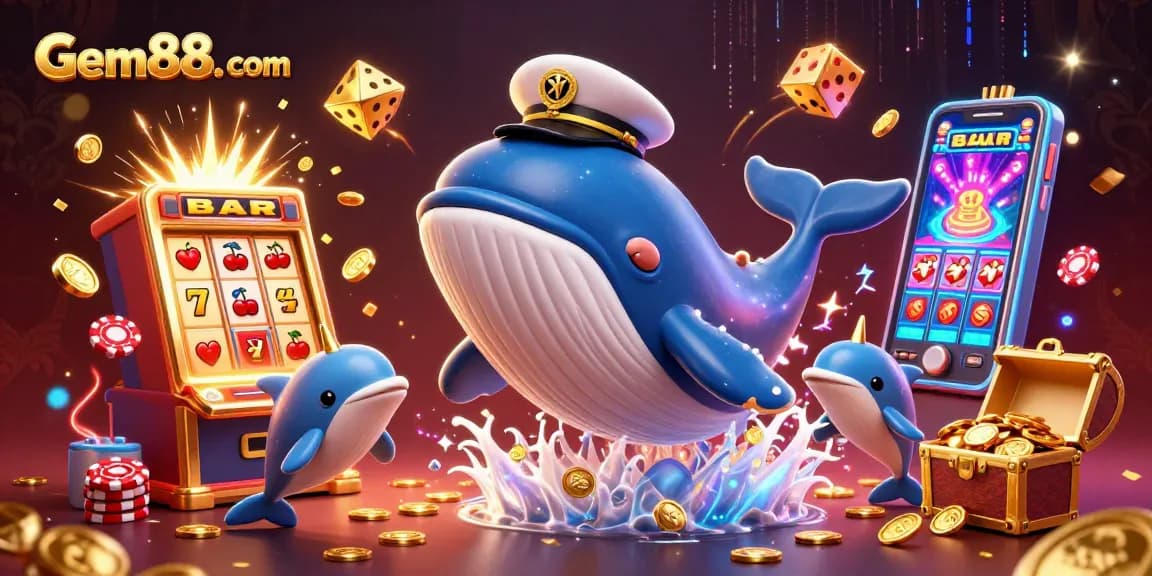 Experience explosive fun at Gem88. com with a vibrant 3D casino scene bursting with jackpots and playful characters.