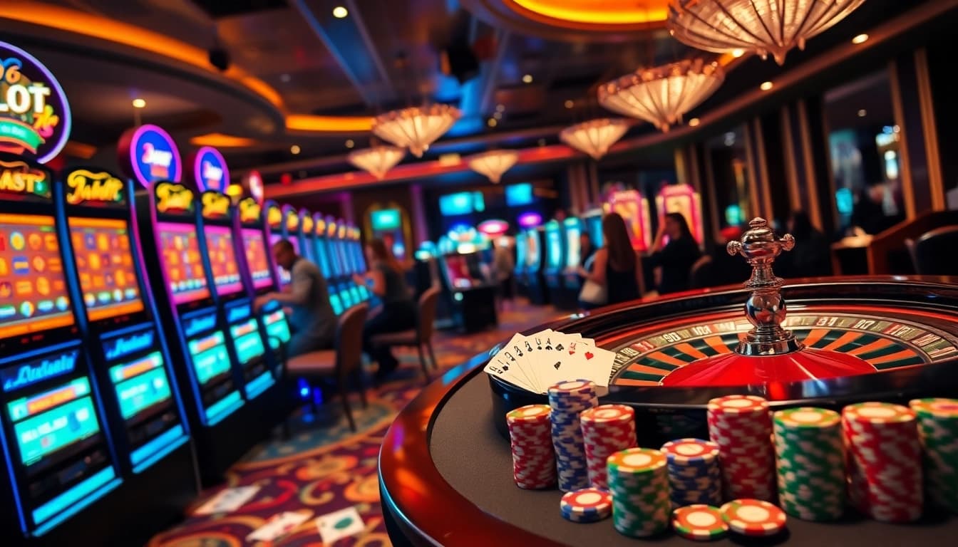 Experience thrilling gameplay at IDNSLOT with vibrant slot machines and roulette tables.