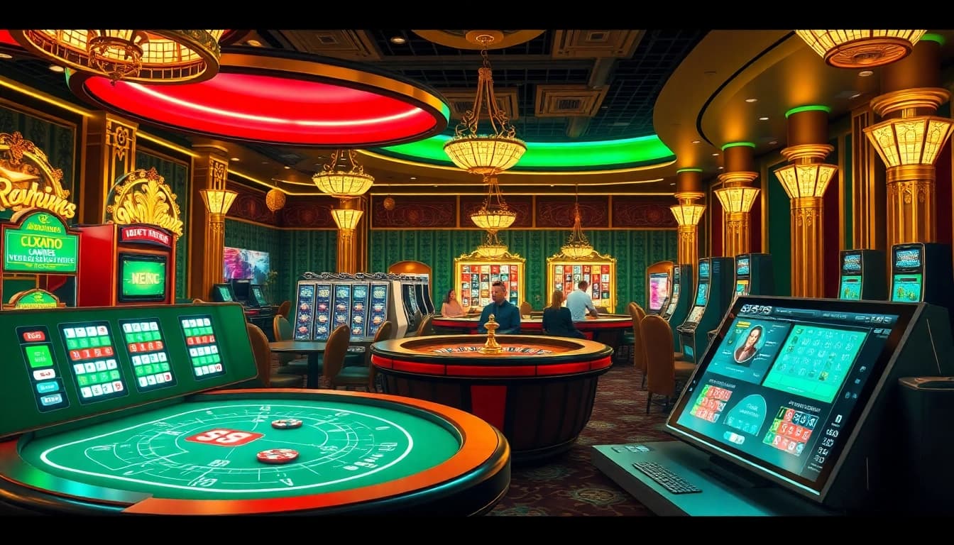 Experience thrilling online gambling with SV368 in a vibrant casino scene featuring poker and slot games.