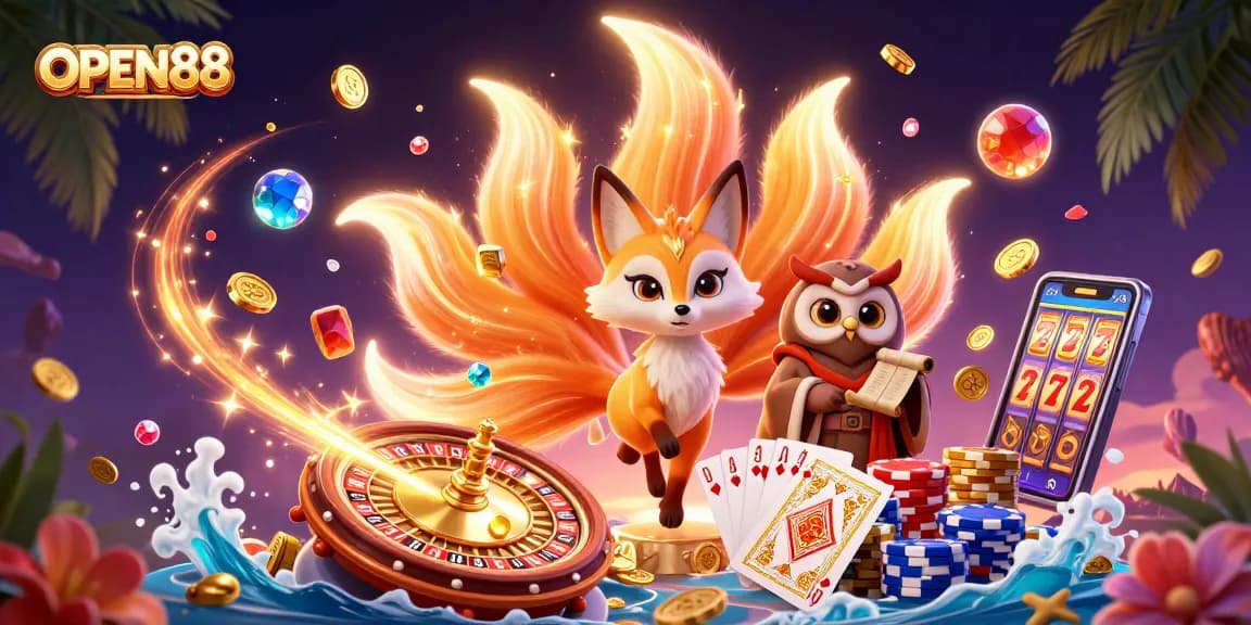 Experience the enchanting world of OPEN88 as colorful fox spirits and sage illuminate your gaming adventure.