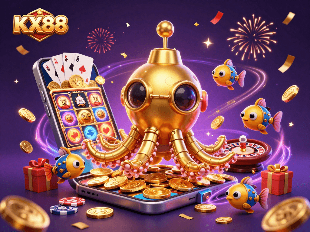 Experience thrilling gameplay with KX88's golden kraken submarine surfacing through coins.