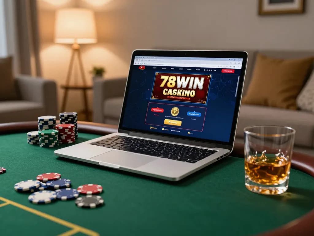 Engaged user playing online casino games on 78WIN's platform at home, surrounded by a cozy atmosphere.