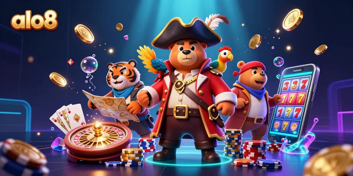 Experience exciting winnings with alo8's vibrant 3D illustration showcasing casino games and treasures.