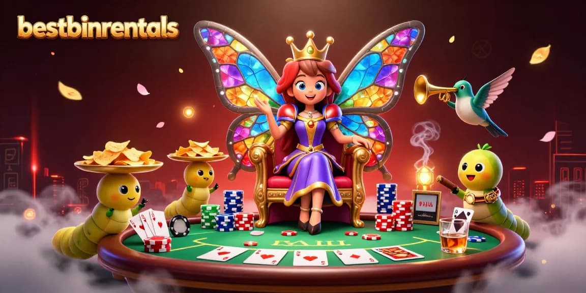 Bestbinrentals showcases a vibrant casino scene with a butterfly queen in a rich 3D environment.