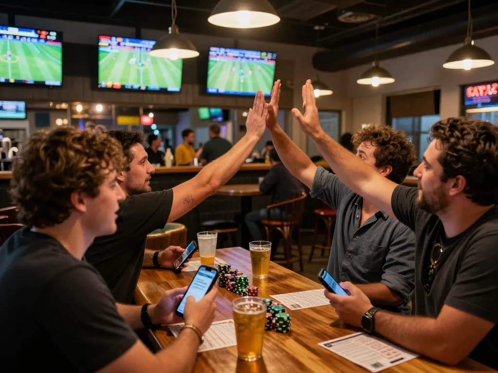 Engaged friends enjoying live sports betting at u888 while celebrating a winning wager.