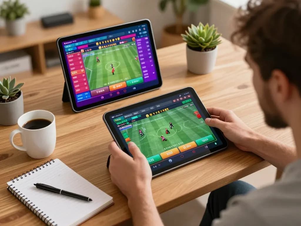 Engaged player betting on FUN79 platform with tablet in a cozy home setting