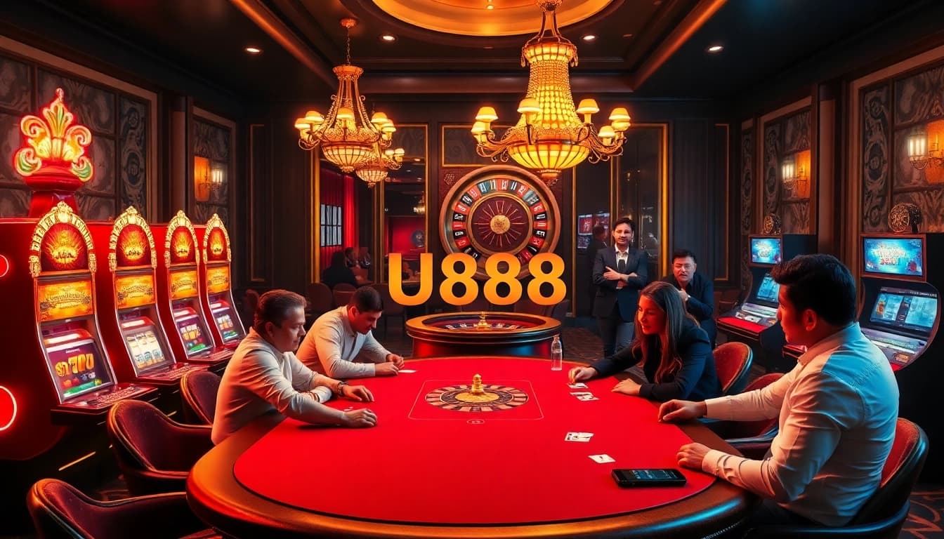 Exciting U888 casino experience with players at a poker table and vibrant slot machines.