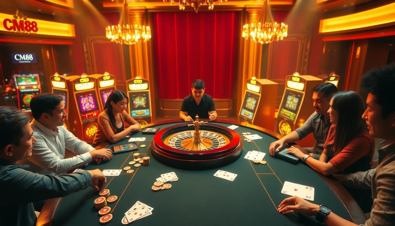 Players engaging intensely at a poker table, showcasing CM88-themed casino excitement with vibrant chips and cards.