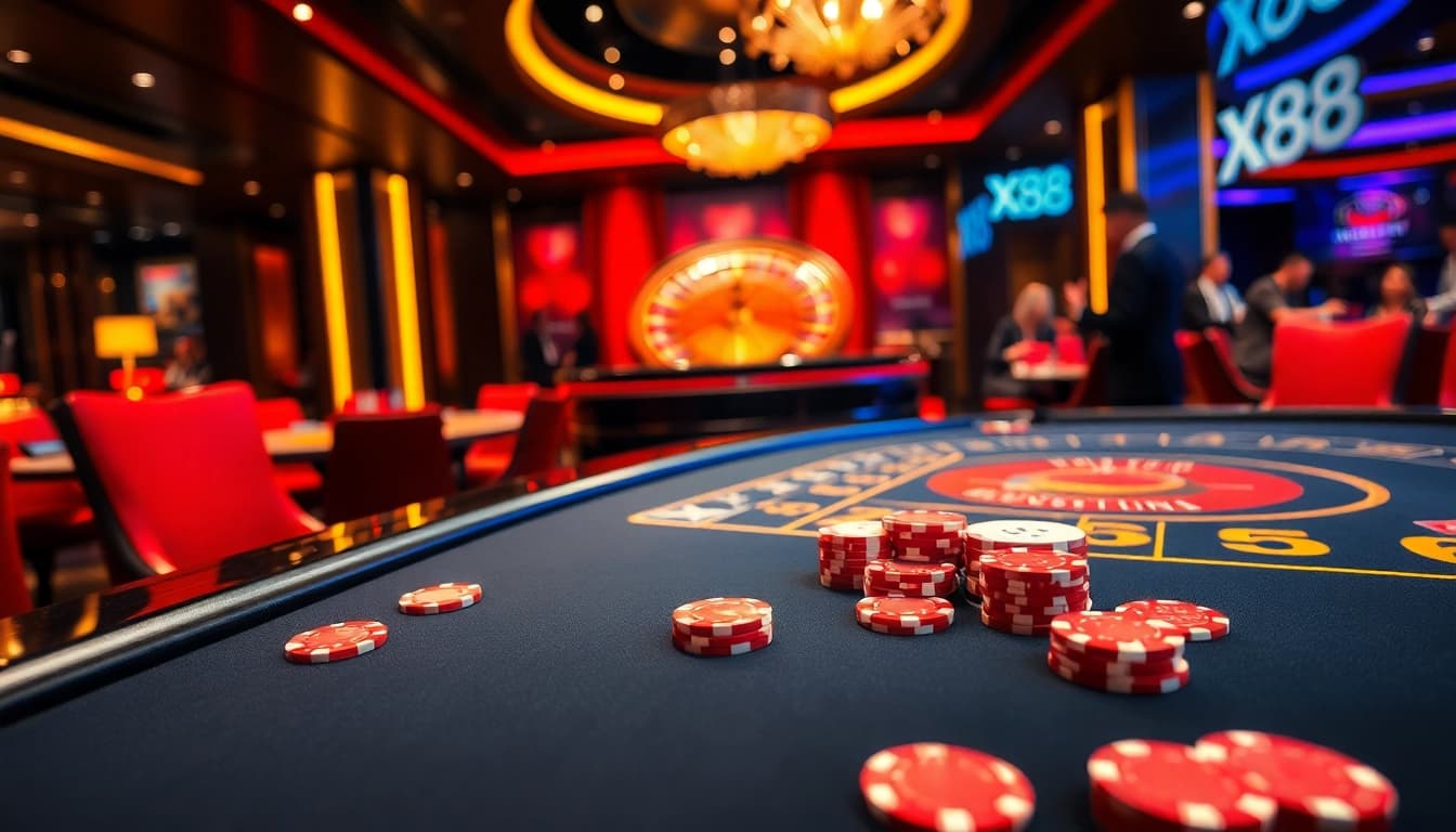 Engaging players at the X88 casino table surrounded by colorful chips and cards.