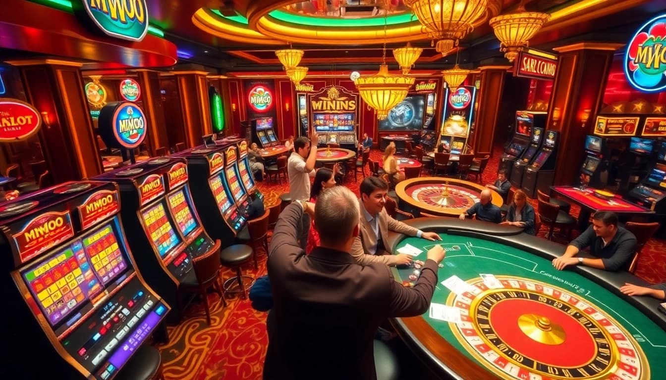 Experience the excitement of MMOO in a vibrant casino scene filled with games and winners.