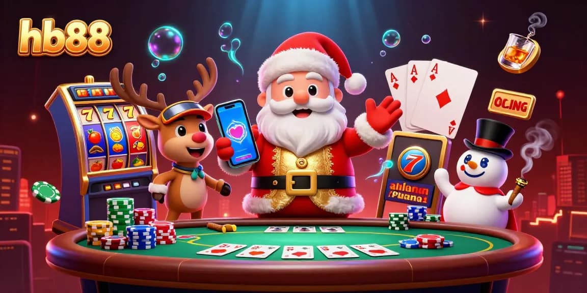 Spin the reels for big wins with hb88 in this festive casino scene featuring Santa and friends!