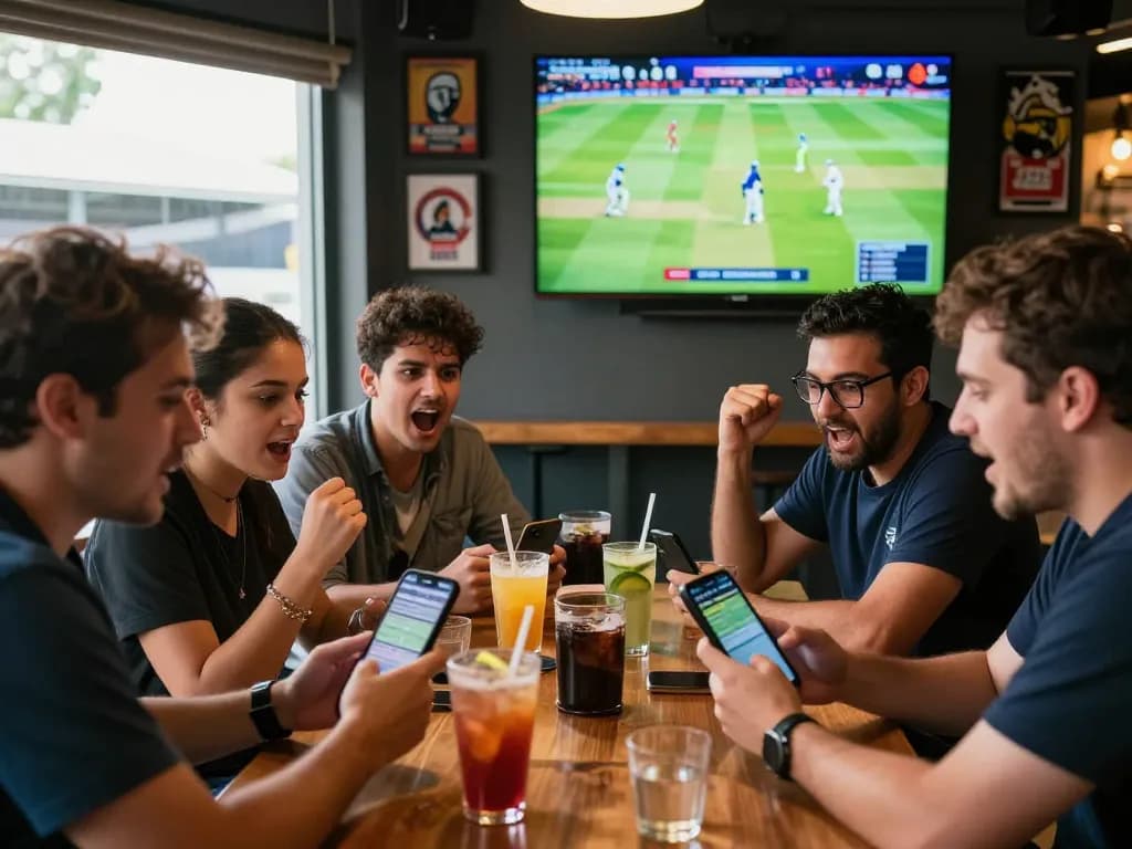 Group cheering while placing bets on free cricket betting sites at a sports bar.