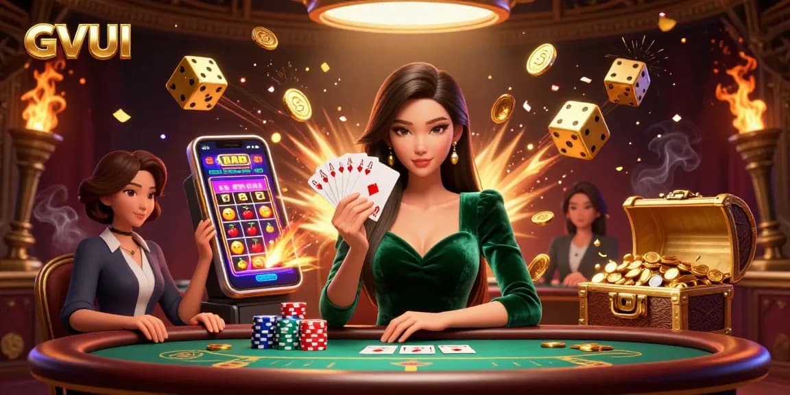 Experience thrilling gaming with GVUI as a beautiful Asian woman plays poker amidst exciting casino elements.