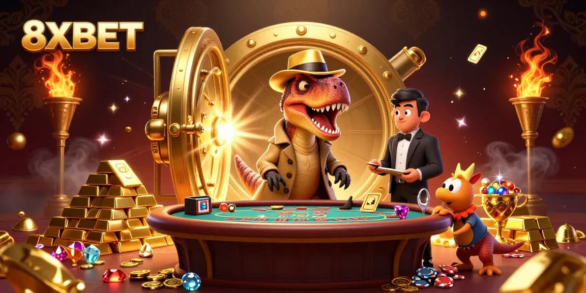 8XBET velociraptor card counter sneaking chips at a blackjack table with gold overflowing treasures