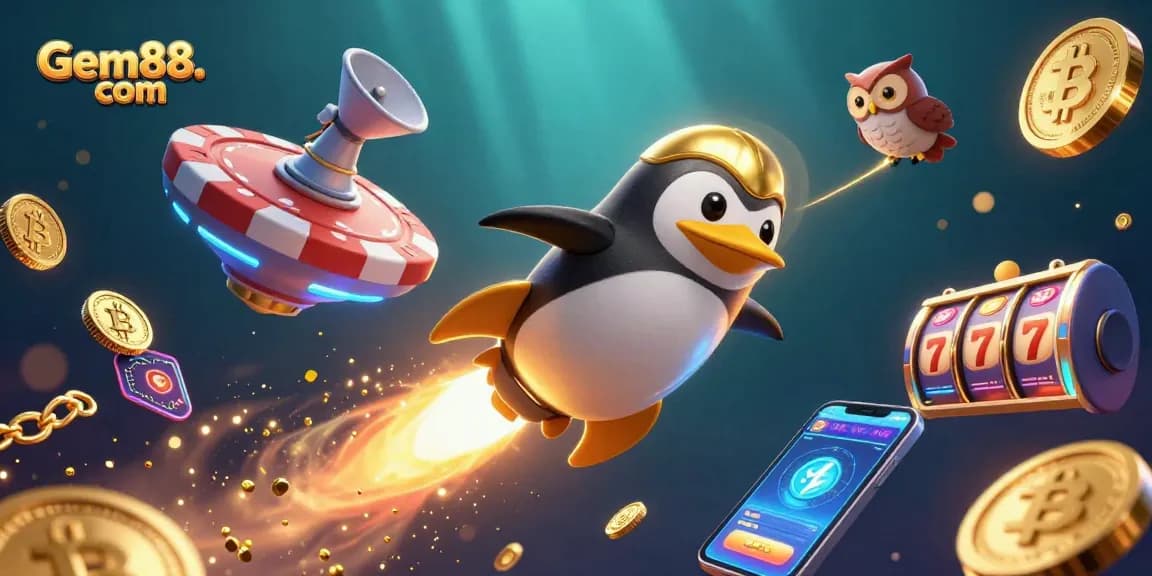Experience thrilling gaming adventures at Gem88. com with a vibrant illustration of a golden penguin blasting towards a casino station.