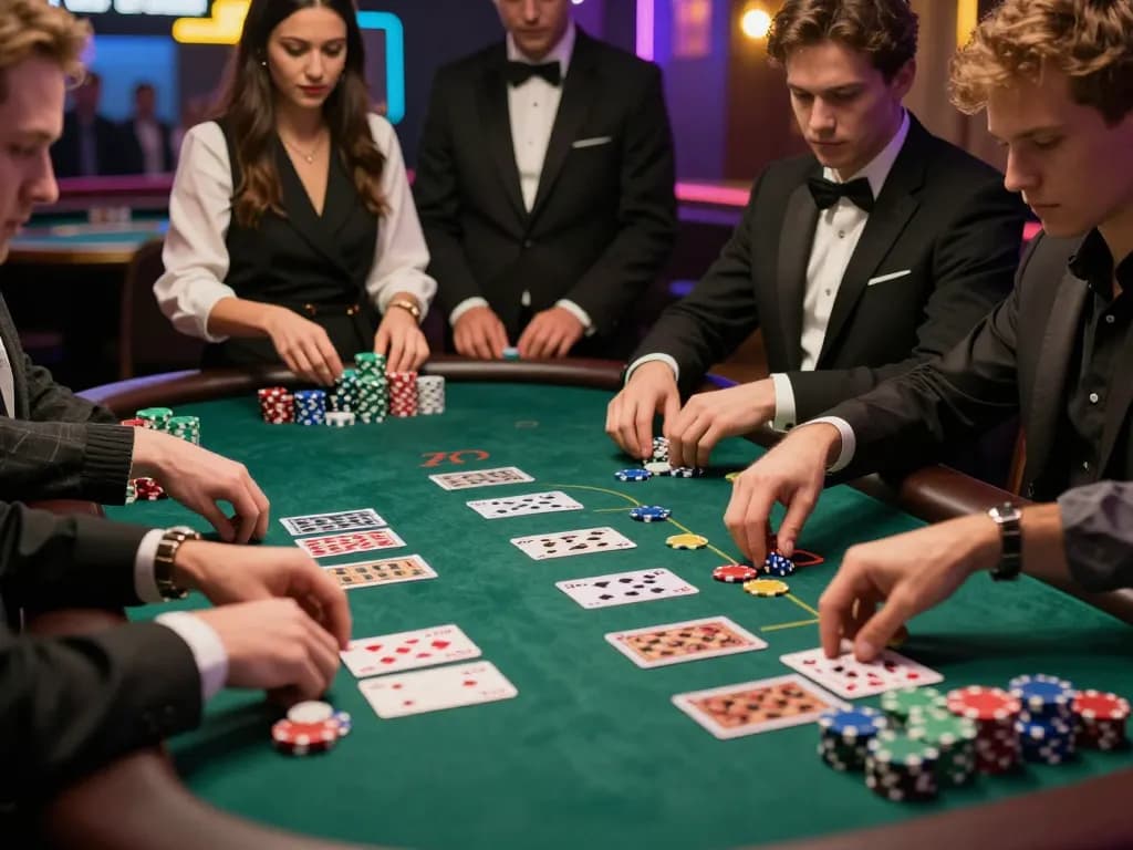 Experience the excitement of SLOT777 blackjack, showcasing players deep in concentration with chips on a casino table.