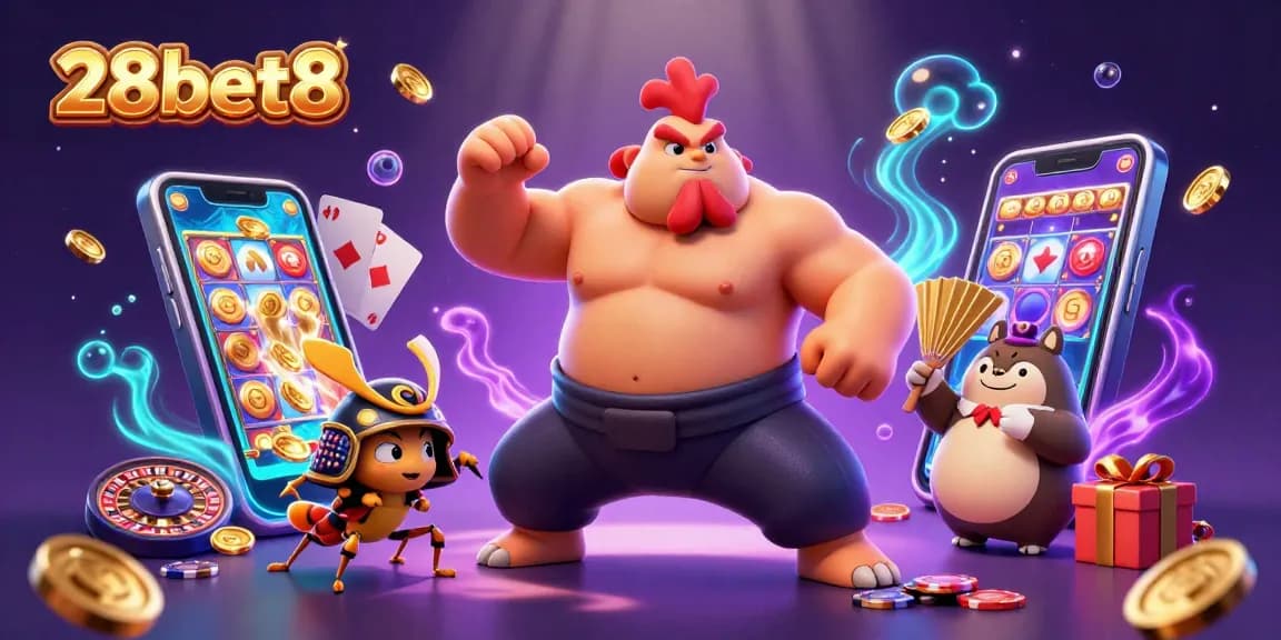 28bet8 showcases thrilling casino action with a sumo rooster and samurai cricket in a vibrant gaming scene