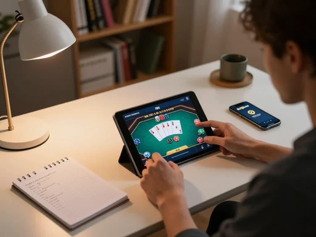 Engaging with the Nhà cái 789win app for strategic betting on poker in a cozy home setup.