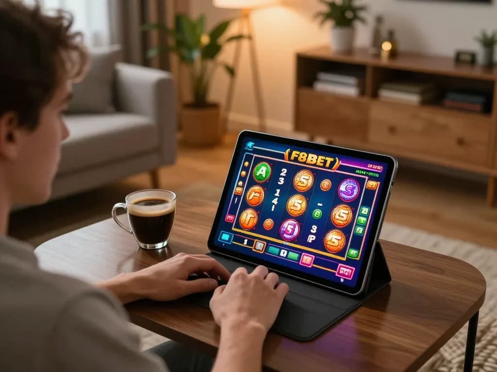 Engaging with F8bet's online slots, player enjoying a cozy gaming session at home