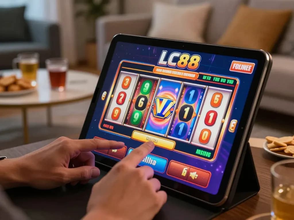 Player enjoying an exciting LC88 online slot experience on a tablet at home