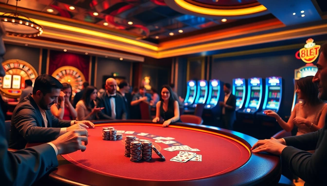 Step into the excitement of 8kbet as players engage at a luxurious casino table filled with vibrant poker chips and cards.