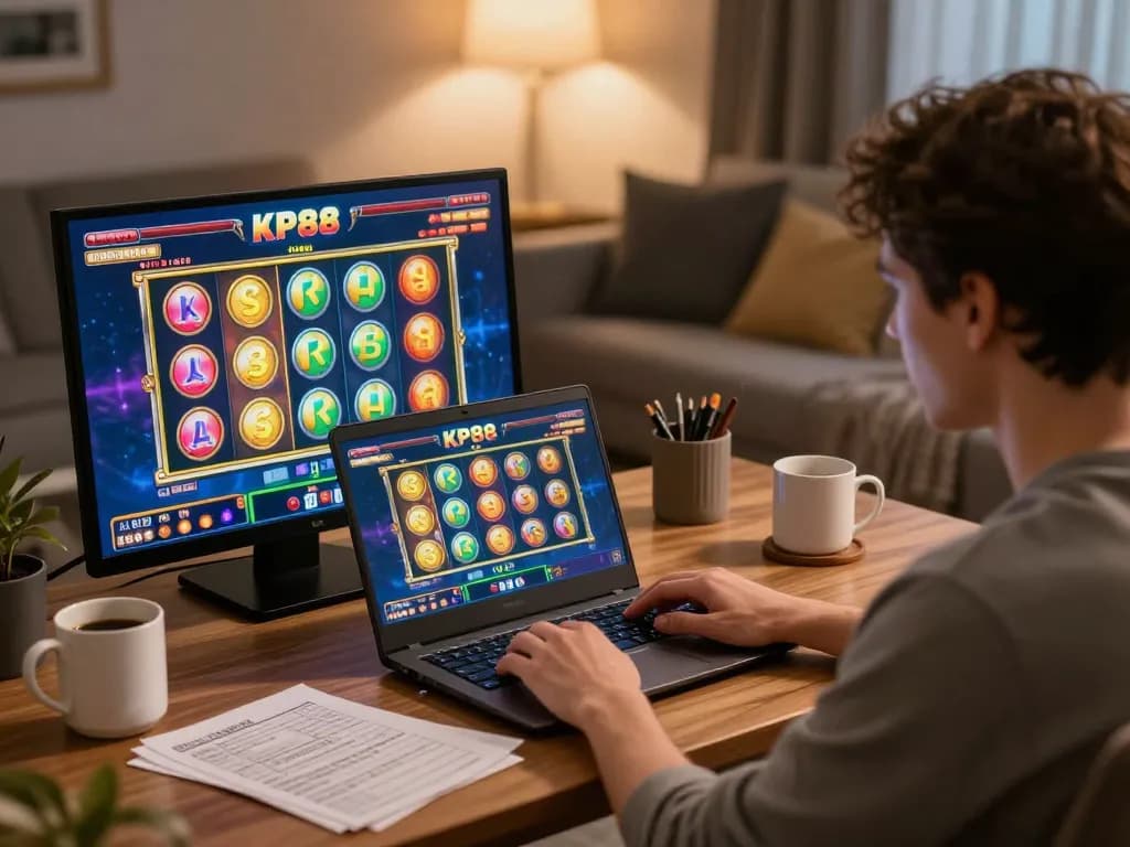 Player engaging with KP88 online casino gaming on a laptop, vibrant slot game display, cozy atmosphere
