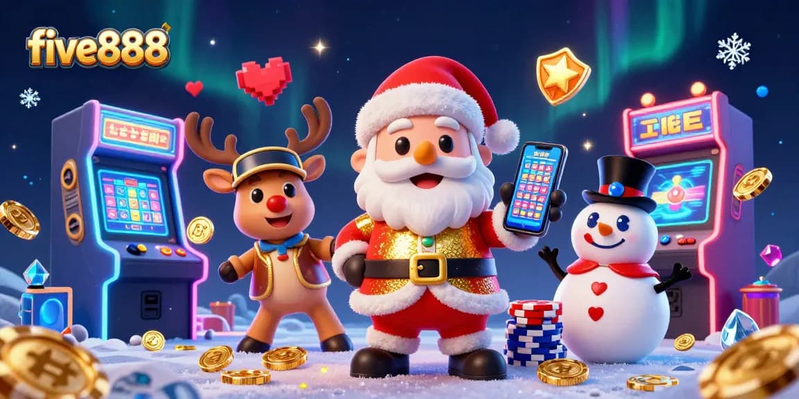 Watch Santa Claus and friends enjoy five888 slots in a vibrant casino scene packed with action.