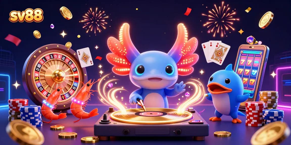 Experience sv88's vibrant casino scene featuring a neon axolotl DJ and lively sea creatures.