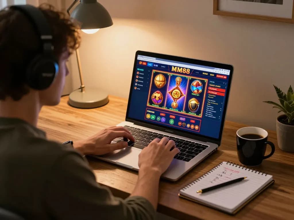 Engaging player explores MM88's casino games on a laptop at home, combining comfort and strategy.