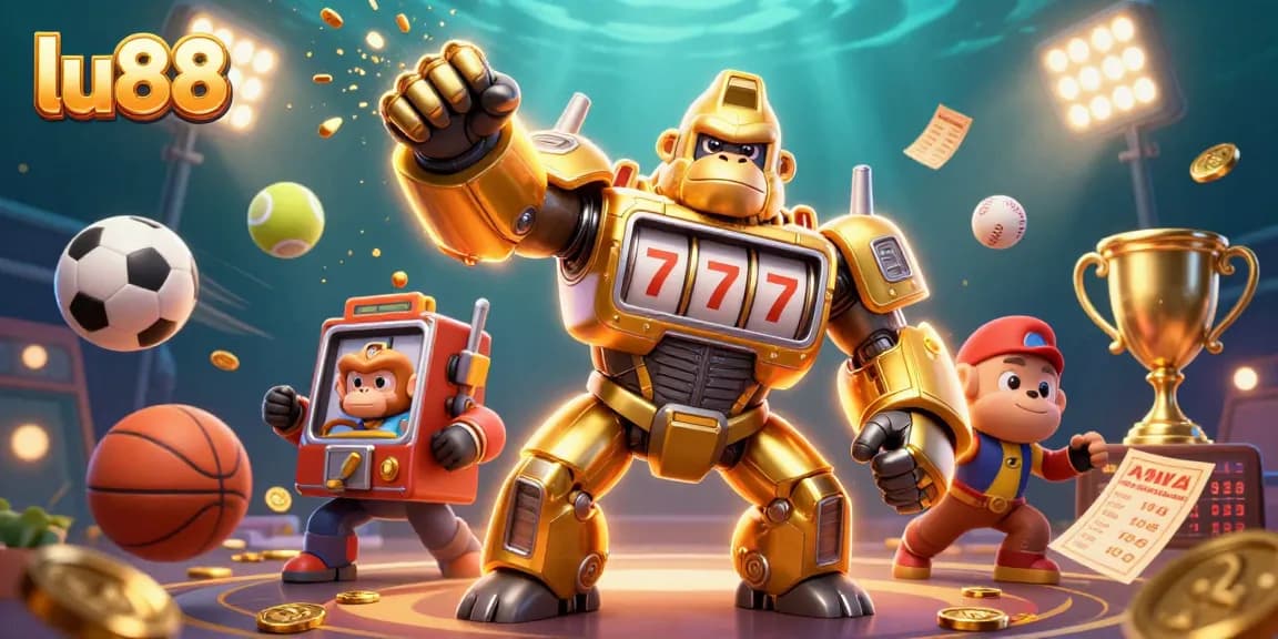 Engage in thrilling bets with lu88's dynamic casino scene featuring sports elements and a golden mech.