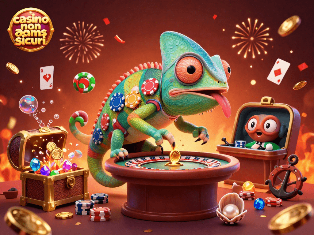 Scopri i migliori casino non AAMS sicuri con il camaleonte che gestisce il casino in un'illustrazione vivace.