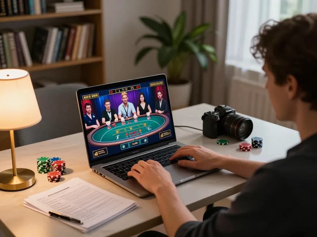 Engaged in online gaming at trang chủ NK88 with live dealer poker game on screen