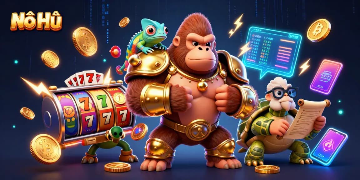 Nổ Hũ slot game excitement captured in a vibrant 3D scene with a gorilla king and crypto elements.